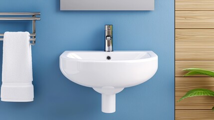 Modern Wall-Mounted Bathroom Sink with Sleek Design and Minimalist Aesthetic Against Blue and Wooden Background for Contemporary Interiors