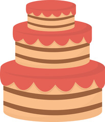 Three-tiered cake decorated with red icing scallops on top and edges, light brown layers with darker brown stripes between them.
