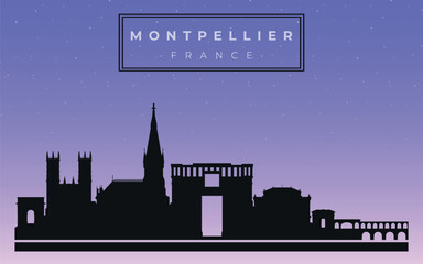 Fototapeta premium Cityscape against the starry sky. Montpellier, France. Silhouettes of buildings. Vector on a gray background 
