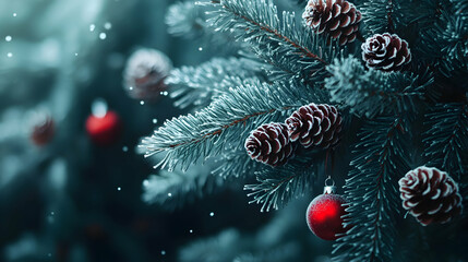 Fir and spruce branches with cones and red Christmas balls and baubles covered with frost abstract background.