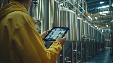 Worker uses tablet in industrial brewery setting