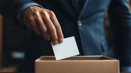 Fototapeta premium Man Casting Vote: Secrecy and Participation - A man in a suit carefully places a ballot into a box, symbolizing voting, elections, democracy, secrecy, and civic duty.