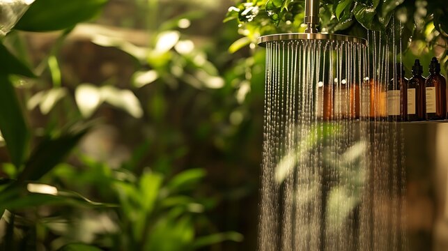 Lush rainforest shower with amber bottles.