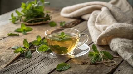 A refreshing cup of mint tea with fresh mint leaves floating on the surface, placed on a rustic wooden table. The setting is warm and inviting with natural textures, perfect for a cozy and calming tea