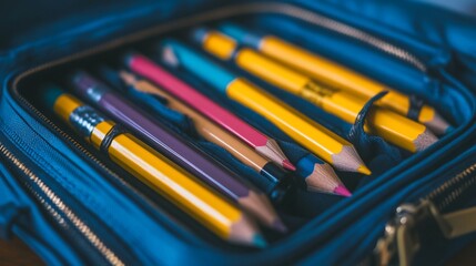Obraz premium Colorful pencils neatly arranged inside a blue pencil case.