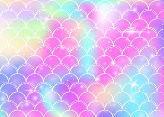 Rainbow scales background with kawaii mermaid princess pattern. Fish tail banner with magic sparkles and stars. Sea fantasy invitation for girlie party. Colorful backdrop with rainbow scales.