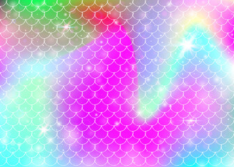 Kawaii mermaid background with princess rainbow scales pattern. Fish tail banner with magic sparkles and stars. Sea fantasy invitation for girlie party. Vibrant kawaii mermaid backdrop.