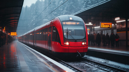 Fototapeta premium Red Regional Train Departing from Modern Station