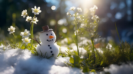 Snowman on a meadow with grass and spring flowers growing through the melting snow. Concept of spring coming and winter leaving.