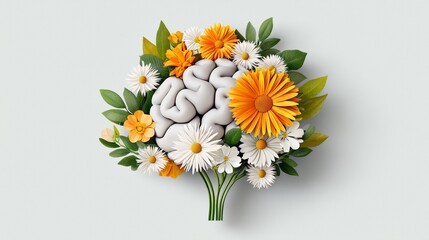 A Creative Conceptual Illustration of a Brain Surrounded by Colorful Flowers Symbolizing the Connection Between Nature and Human Thought in a Modern Artistic Style