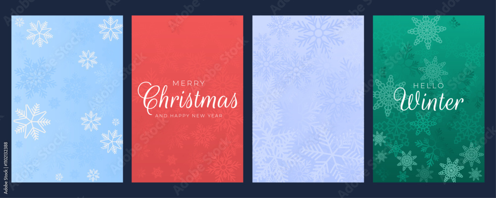 Poster winter backgrounds vector set with snow and snowflakes pattern. merry christmas and happy new year h