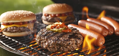 Juicy Grilled Hamburger Patty with Flames Festive Outdoor Cookout Scene with Appetizing BBQ Delights and Smoky Ambiance