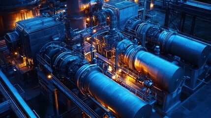 Dawn's Embrace: Aerial View of a Large Natural Gas Generator Installation at an Industrial Energy Complex, Showcasing Precision Engineering and Massive Infrastructure in Ultra-High Resolution.