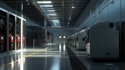 Large-scale data center backup power generator installation: Controlled lighting, wide architectural view, and detailed technological infrastructure in ultra-precise commercial documentation.