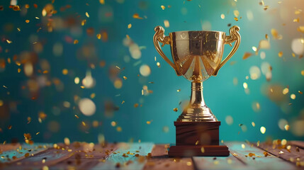 Golden Trophy Cup with Celebration Confetti Background

