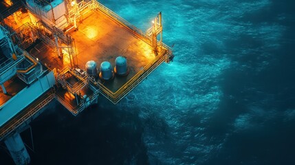 Aerial View of Marine Offshore Oil Platform Emergency Generator System: Industrial Infrastructure Details in Harsh Maritime Lighting, Ultra-Sharp Commercial Photography.