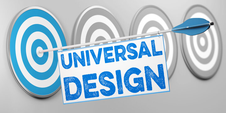 Pfeil mit Schriftzug &bdquo;Universal Design&ldquo; als Volltreffer in Zielscheibe