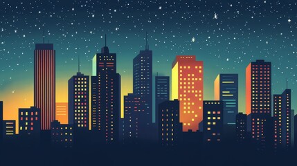 Night City Skyline: Modern Metropolis at Night - Vibrant cityscape, modern skyscrapers, night lights, starry sky, urban landscape.  Symbolizes ambition, progress, technology, beauty, and hope.