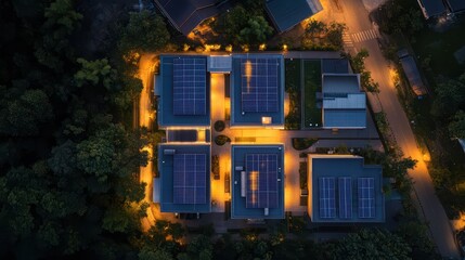 Overhead View of a Renewable Microgrid Community Generator: Integrated Sustainable Technology in Soft Dawn Lighting, Ultra-High Resolution Commercial Photography.