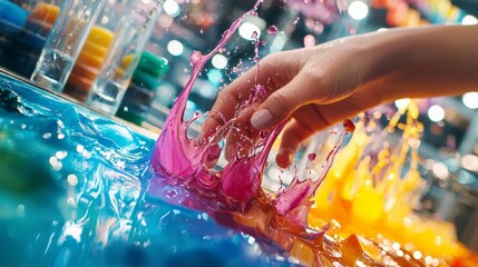 Hand splashing vibrant paints on a reflective surface