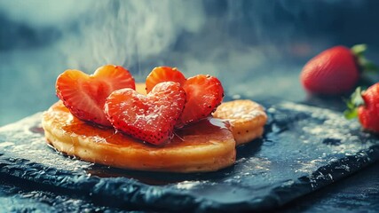 Freshly baked hot pancakes with heart shaped strawberry served on black stone serving board. Valentine's Day breakfast