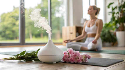 A white aromatherapy diffuser releasing mist on a yoga mat with pink flowers nearby, while a woman practices meditation in the background, surrounded by a bright and tranquil interior.