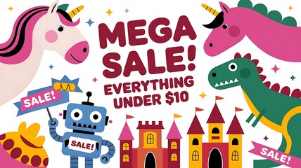 Obraz premium Mega Sale Everything Under Ten Dollars Featuring Unicorns Robot And Dinosaur