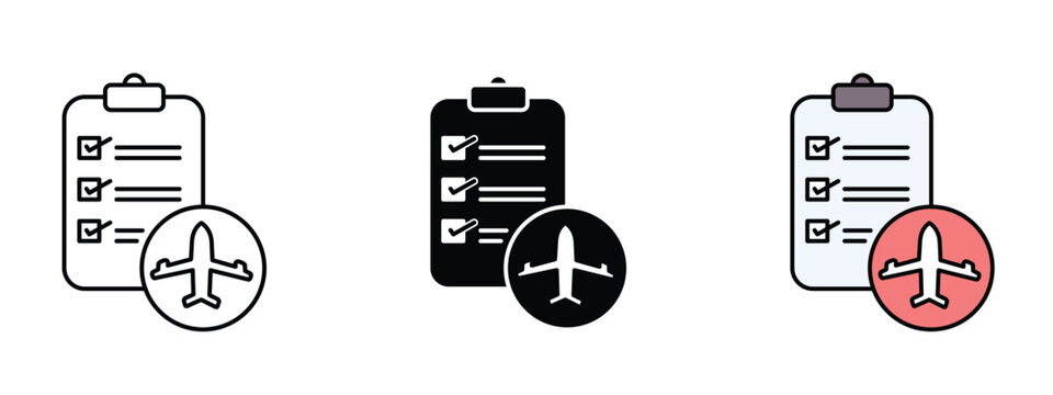 Set of 3 "Itinerary" icons with 1 line, 1 silhouette n 1 colored icon with an unexpanded vector icon inside - Itinerary icon checklist or travel plan with dates and destinations, symbolizing schedule