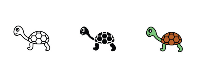 Set of 3 "Tortoise" icons with 1 line, 1 silhouette n 1 colored icon with an unexpanded vector icon inside - Tortoise icon rounded shell & best design, symbolizing slow & steady movement