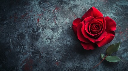 Red rose on textured dark surface symbolizing romance and beauty