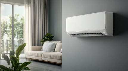Modern White Air Conditioning Unit in Minimalist Living Room with Plants and City View, Serene Home Interior Design Concept