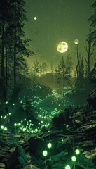 Glowing Flowers in a Night Forest under a Full Moon