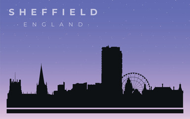 Black silhouette of the skyline of Sheffield. Vector on the background of the night starry sky.