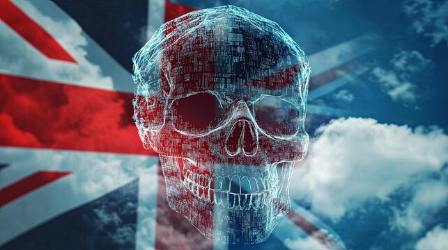 Digital Skull Overlaid on a British Flag Background