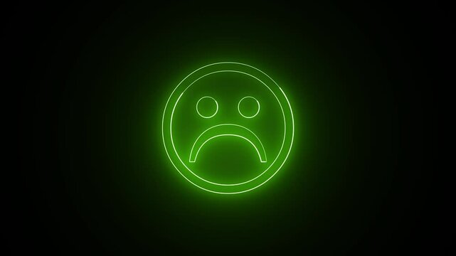 Neon glowing sad smile icon animation. neon sad emoji icon. A symbol of a frowning face with down turned eyebrows and a mouth turned downward concept.