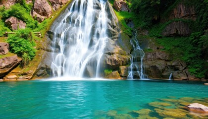 Fototapeta premium Majestic waterfall cascading into a vibrant turquoise pool, surrounded by lush greenery and rocks.