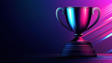 Futuristic trophy glowing under neon purple and blue lights with dynamic streaks in the background sleek and vibrant design for modern achievements