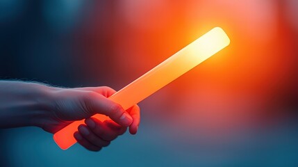 A hand holding a glowing stick against an atmospheric backdrop.
