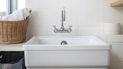 Fototapeta premium White utility sink with chrome faucet and wicker laundry basket.