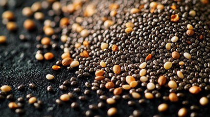 Close-up of mixed chia and quinoa seeds on a dark background