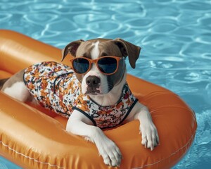 Playful Dog Relaxing on Orange Float in Summer Swimming Pool Fun Pet Lifestyle Concept