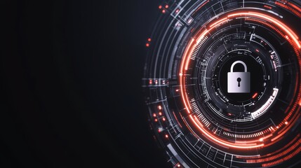 Illuminated lock symbol encased in circular digital patterns against a black backdrop sleek and futuristic cybersecurity visualization
