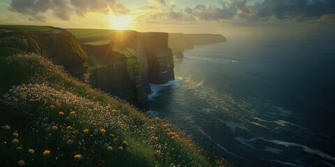 Breathtaking Sunrise Over Cliffs with Vibrant Wildflowers and Ocean Waves at the Edge of a Scenic Coastal Landscape