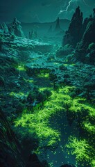A Nighttime Landscape with Bioluminescent Plants and a Lightning Storm