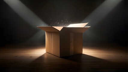 An open cardboard box emits radiant light beams in a dark, expansive setting, evoking themes of discovery, potential, and the unknown