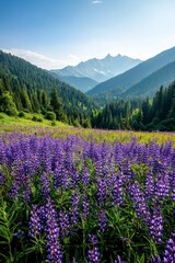 Obraz premium Purple Lupine Meadow with Majestic Mountain Range View - Tranquil Wildflower Landscape in Summer Sunlight, Natural Beauty and Serenity