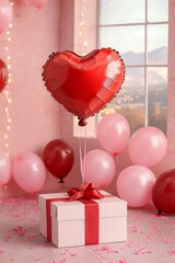 Romantic Gift Box with Heart Balloon in Festive Setting for Valentine's Day Celebration
