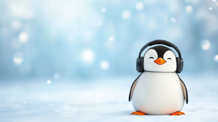 A happy penguin in headphones listening to music.