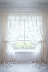 Serene Elegance Close-up of Flowing Off-White Sheer Curtains Framing Window with Tranquil Greenery View - Minimalist Interior Design Concept