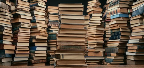 Obraz premium Serene Knowledge Archive Vintage Book Stack in Dimly Lit Library